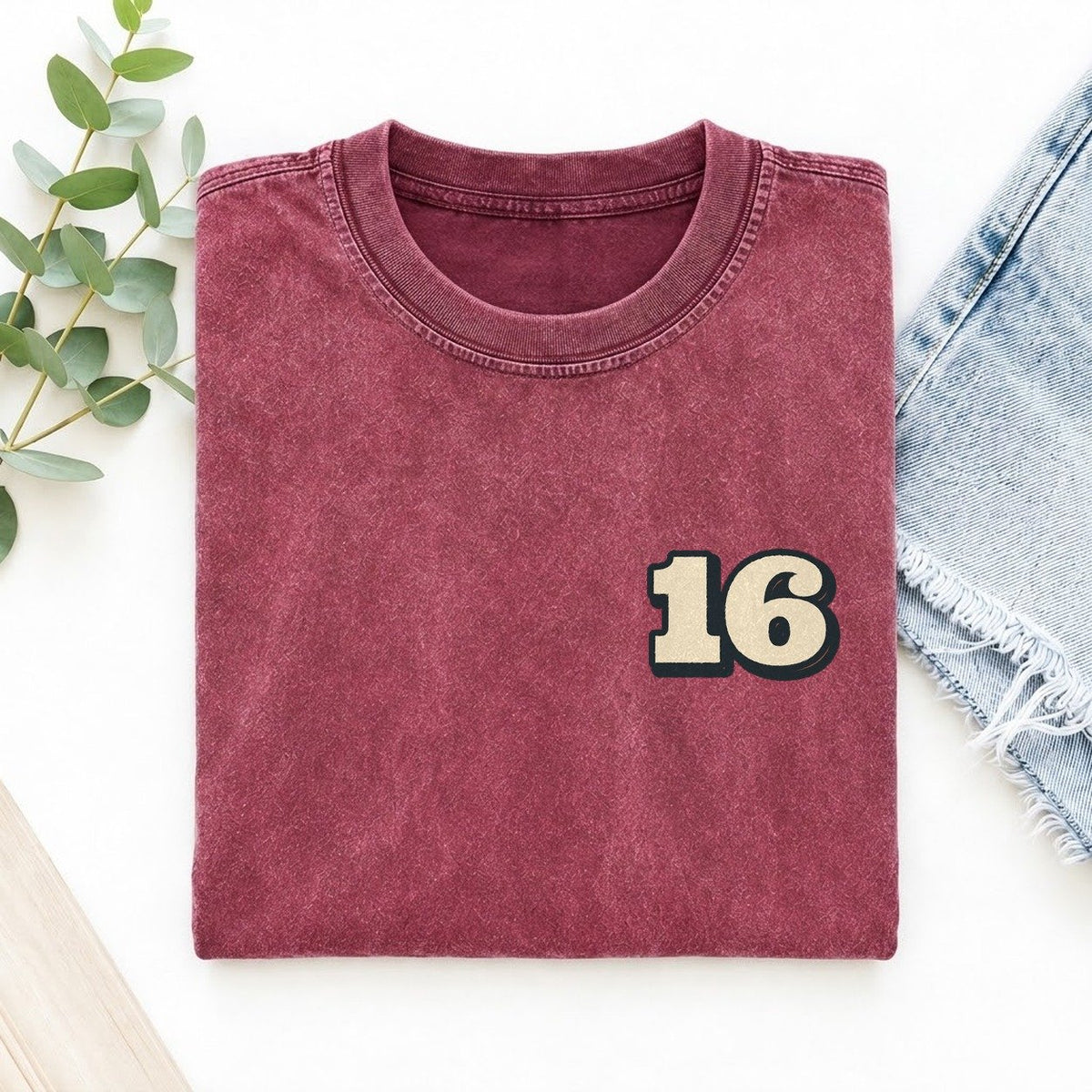 Number 16 Left Chest Vintage T-shirt – Raspberry