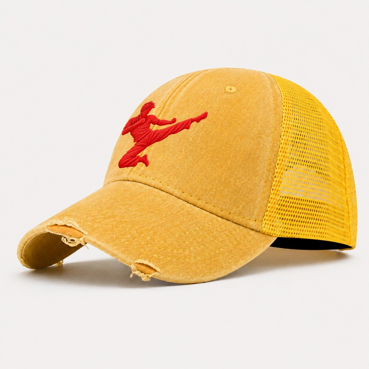 Martial Artist Flying Side Kick Micro Motion Mark Washed Trucker Hat – Yellow