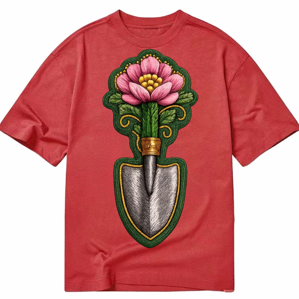 Embroidered Patch Design Gardening Trowel Flower Garden Tool Classic T-shirt – Red
