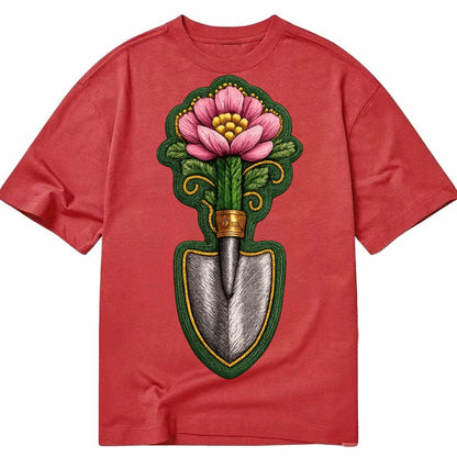 Embroidered Patch Design Gardening Trowel Flower Garden Tool Classic T-shirt – Red