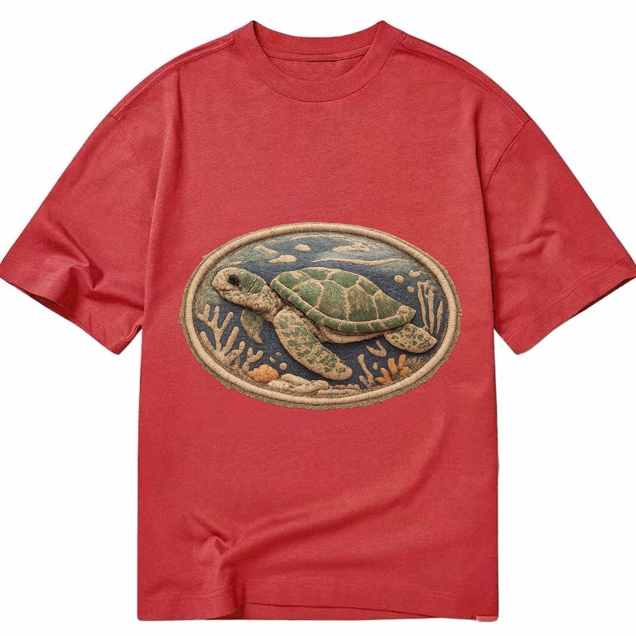 Embroidered Patch Design Sea Turtle Swimming Turtle In Green Classic T-shirt – Red