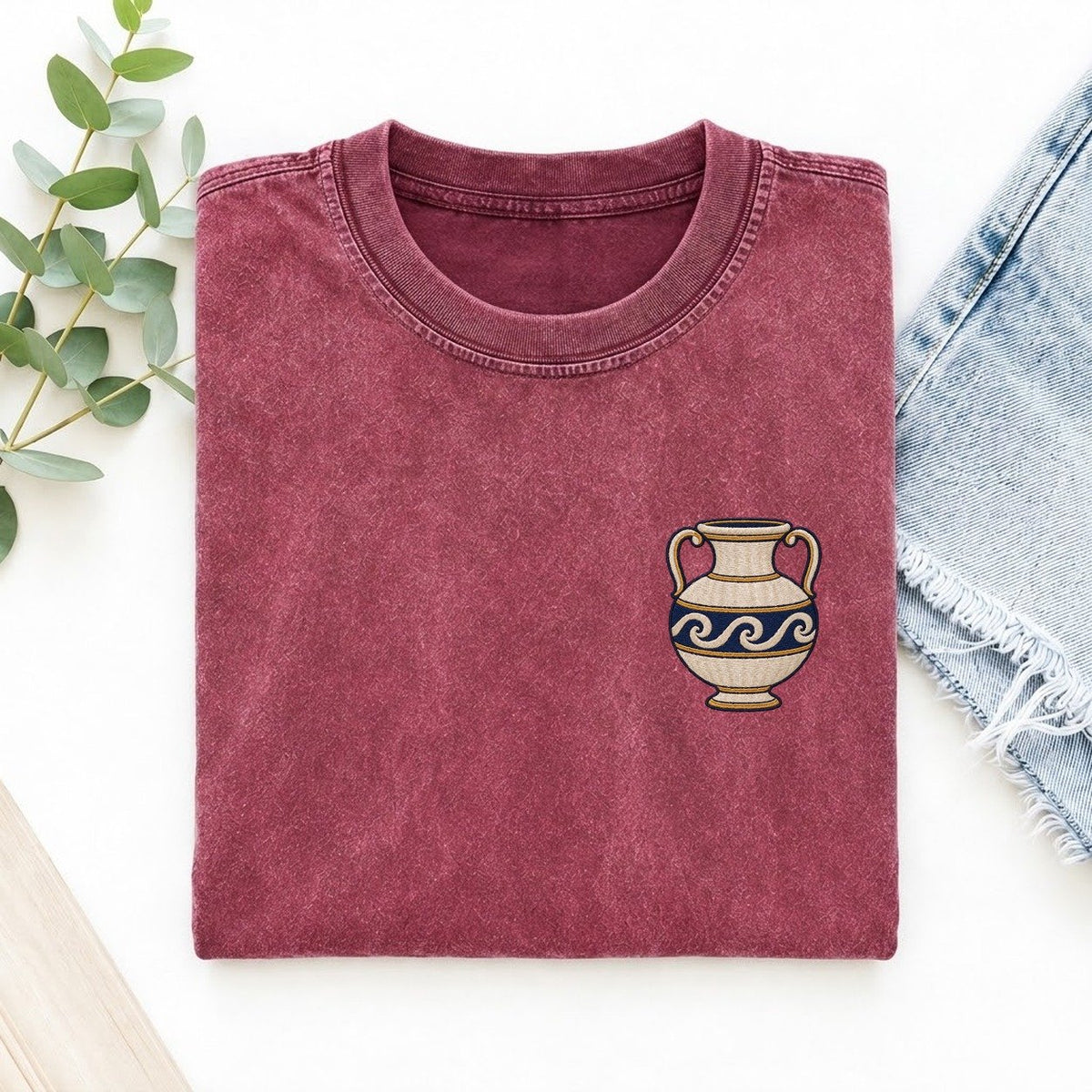 Pottery Vase Symbol Emblems Left Chest Vintage T-shirt – Raspberry