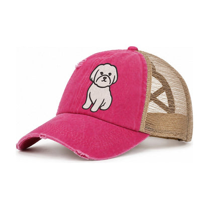 Maltese Pure White Fluffy Embroidered Design Women's Ponytail Trucker Hat – Raspberry Khaki