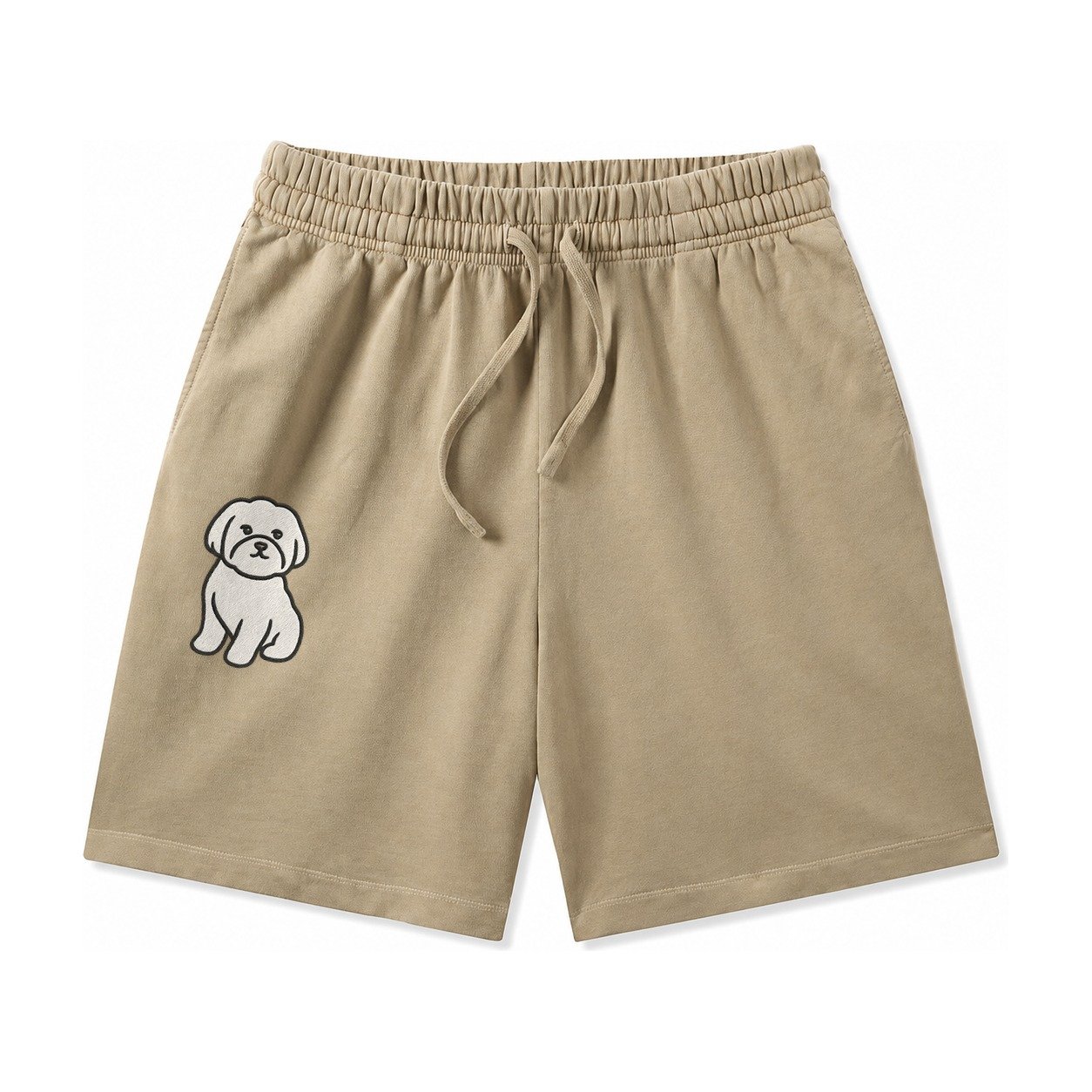 Maltese Pure White Fluffy Embroidered Design Washed Shorts – Khaki