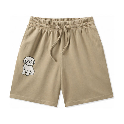 Maltese Pure White Fluffy Embroidered Design Washed Shorts – Khaki