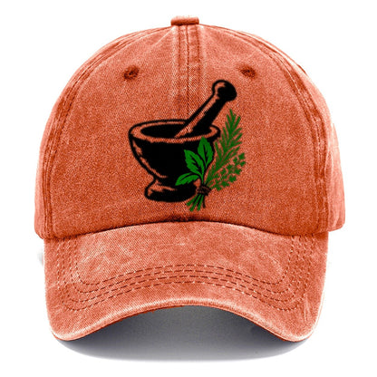 Mortar And Pestle With Herbs Witch Magic Classic Cap – Terracotta Clay