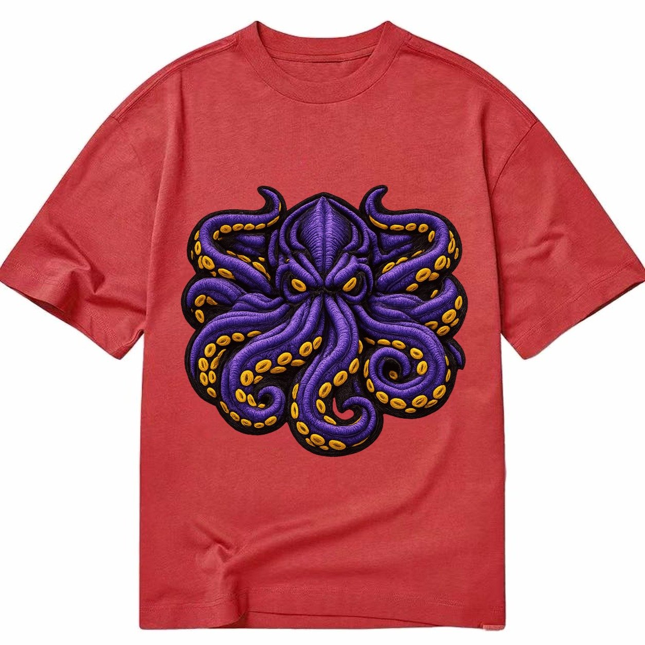 Embroidered Patch Design Kraken Tentacles Sea Monster In Pur Classic T-shirt – Red