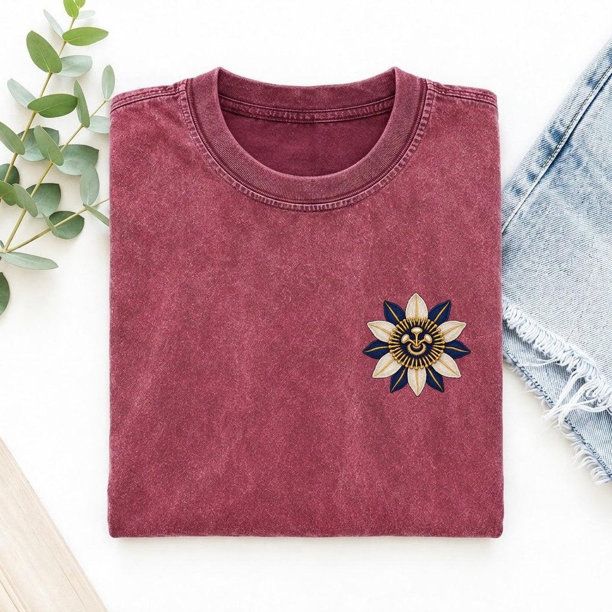 Passionflower Crown Left Chest Vintage T-shirt – Raspberry