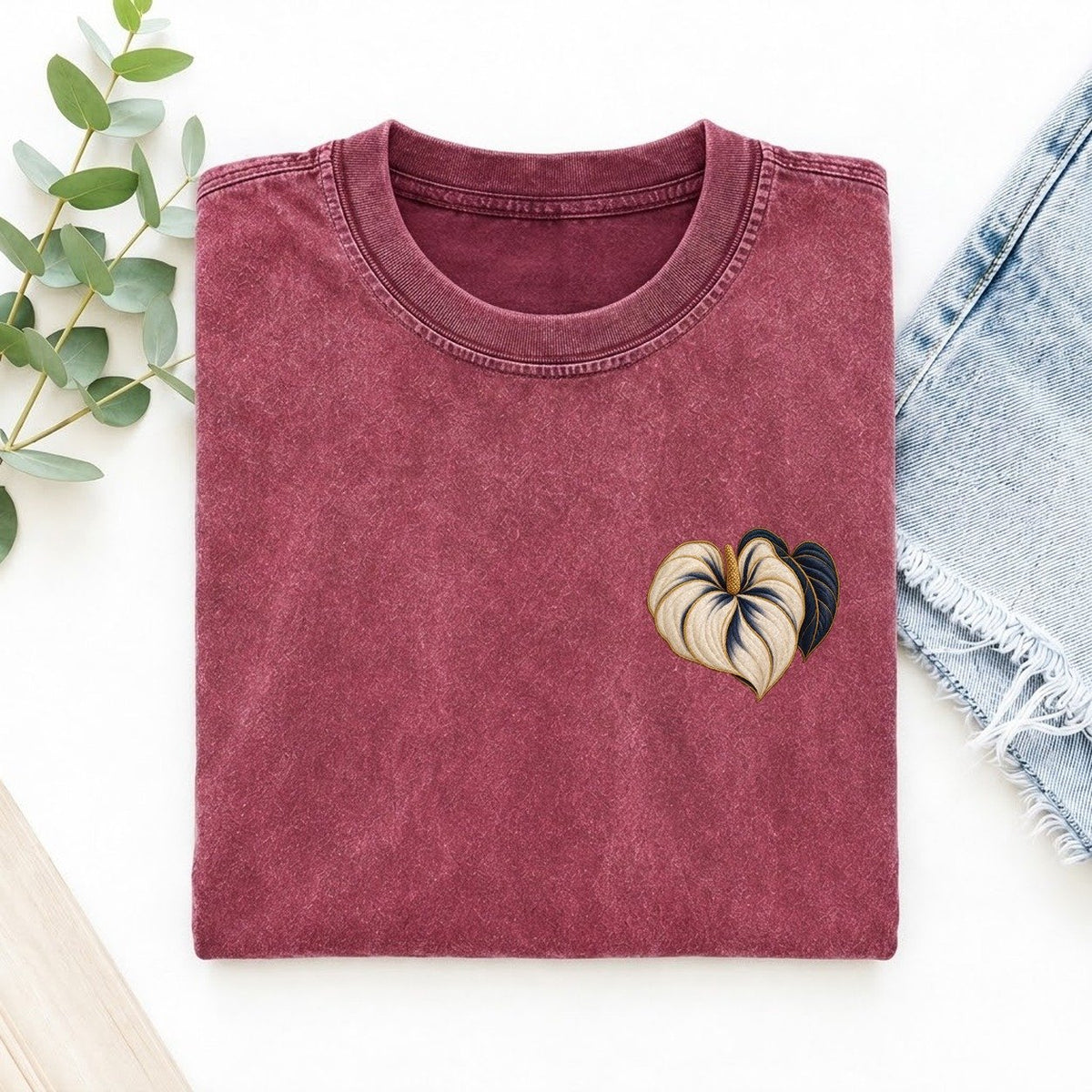 Anthurium Heart Spathe Left Chest Thread Signatures II Left Chest Vintage T-shirt – Raspberry