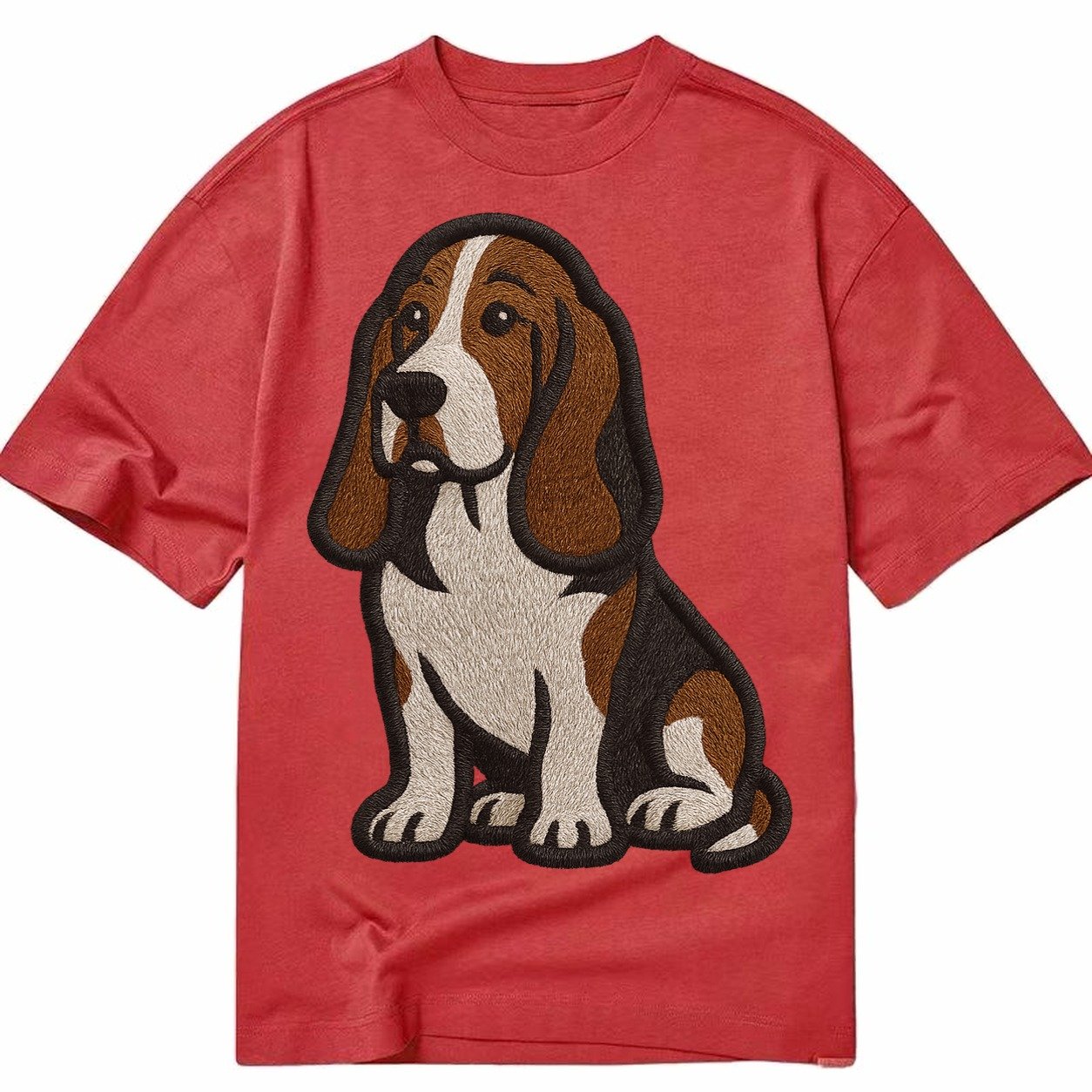 Basset Hound Tri Color Embroidered Sitting Pose Classic T-shirt – Red
