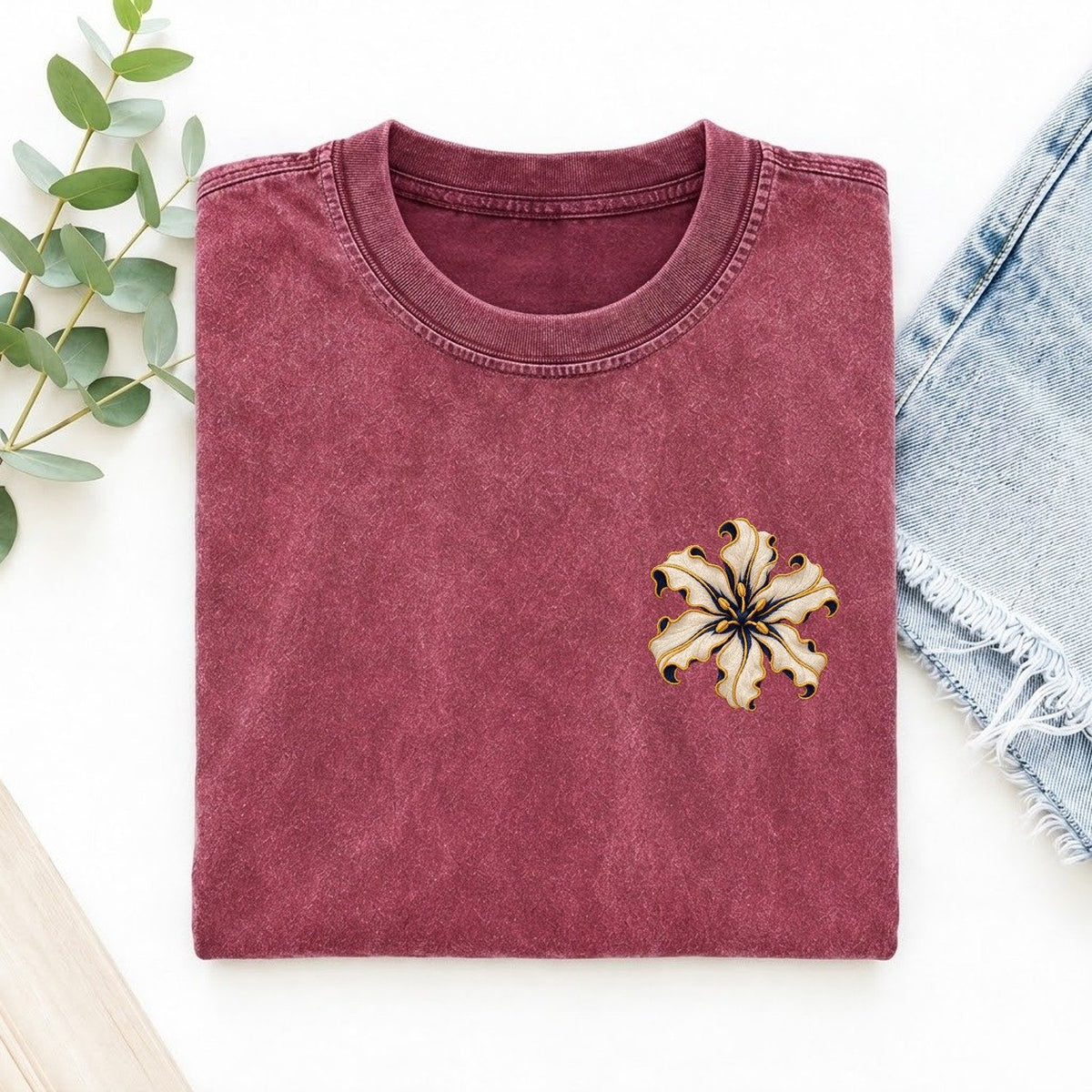 Nerine Petal Ribbons Left Chest Vintage T-shirt – Raspberry