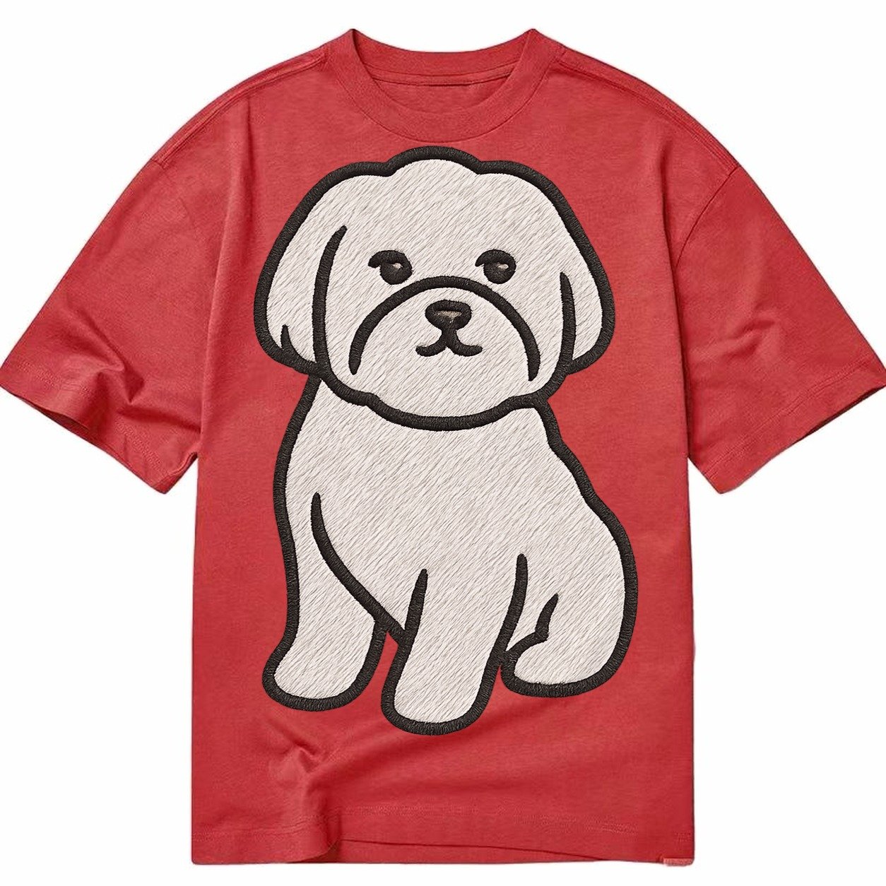 Maltese Pure White Fluffy Embroidered Design Classic T-shirt – Red