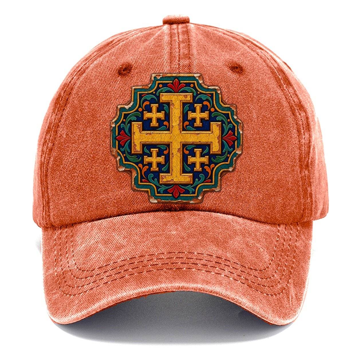 Armenian Hand Painted Ceramic Tile Jerusalem Cross Classic Cap – Terracotta Clay