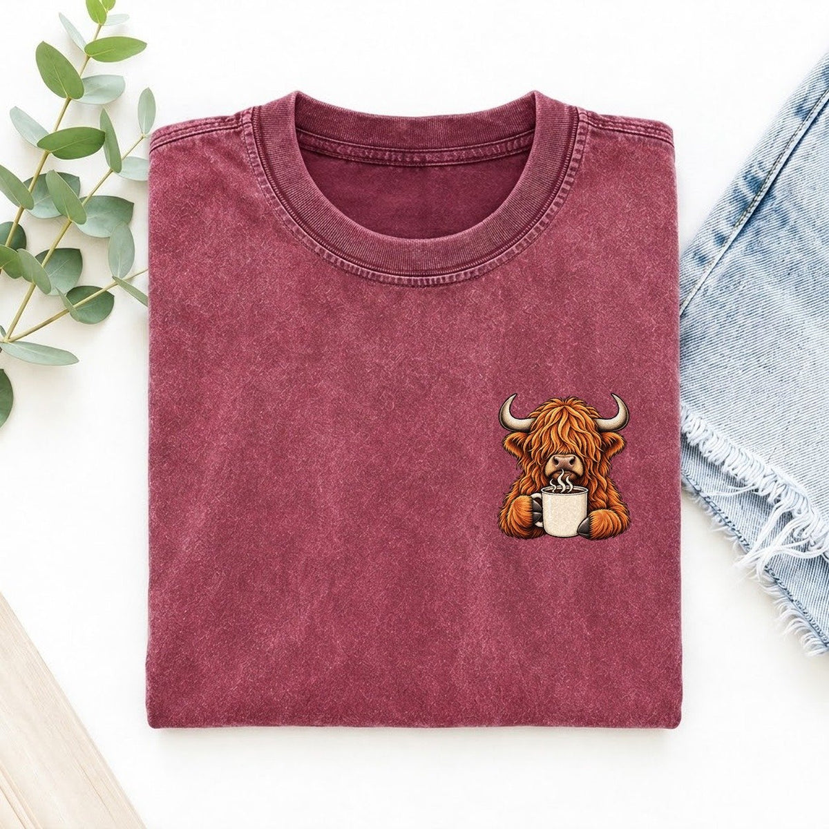 Highland Cow Coffee Left Chest Vintage T-shirt – Raspberry