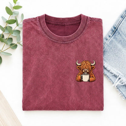 Highland Cow Coffee Left Chest Vintage T-shirt – Raspberry