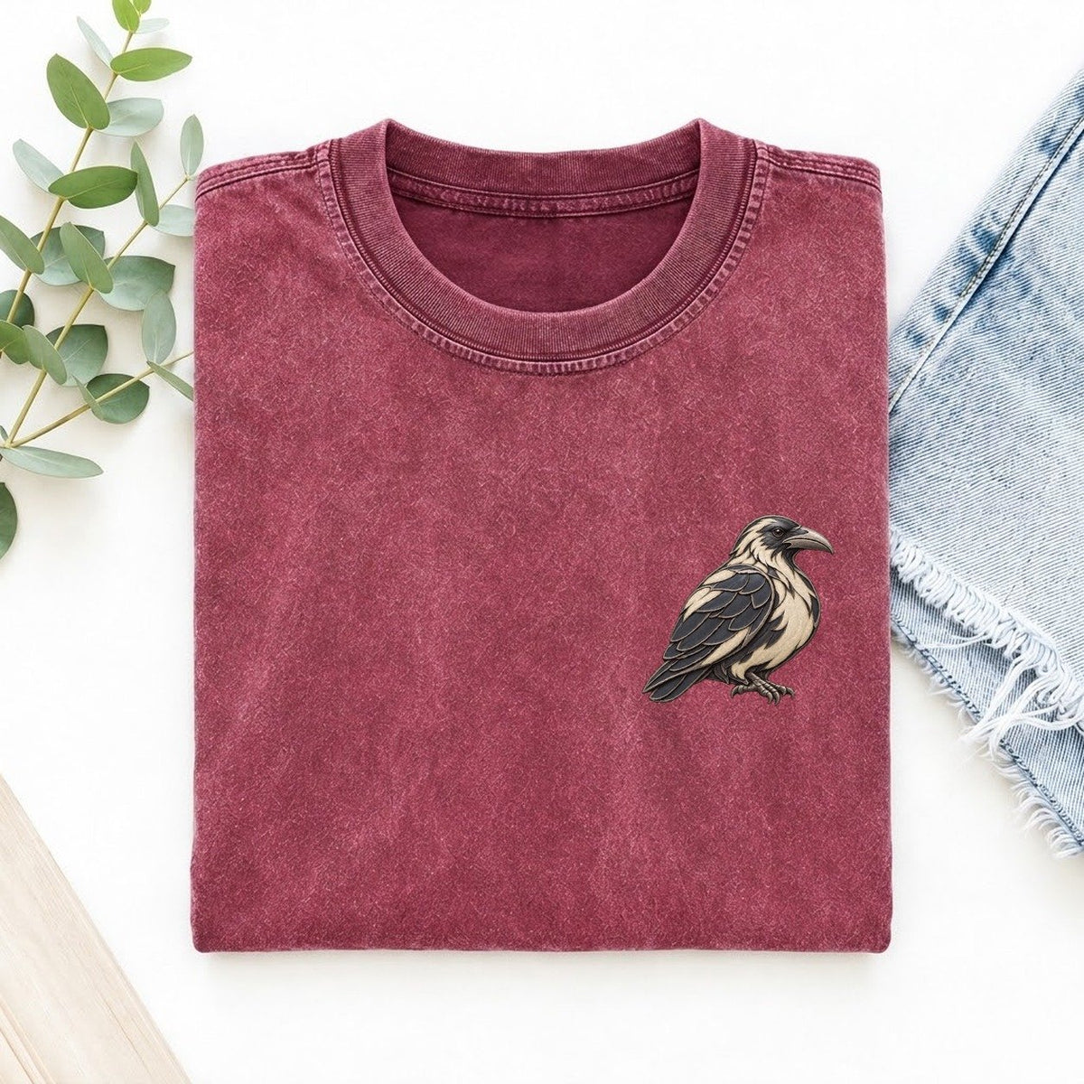 Raven Folded Pinion Keepsake Emblem Left Chest Vintage T-shirt – Raspberry