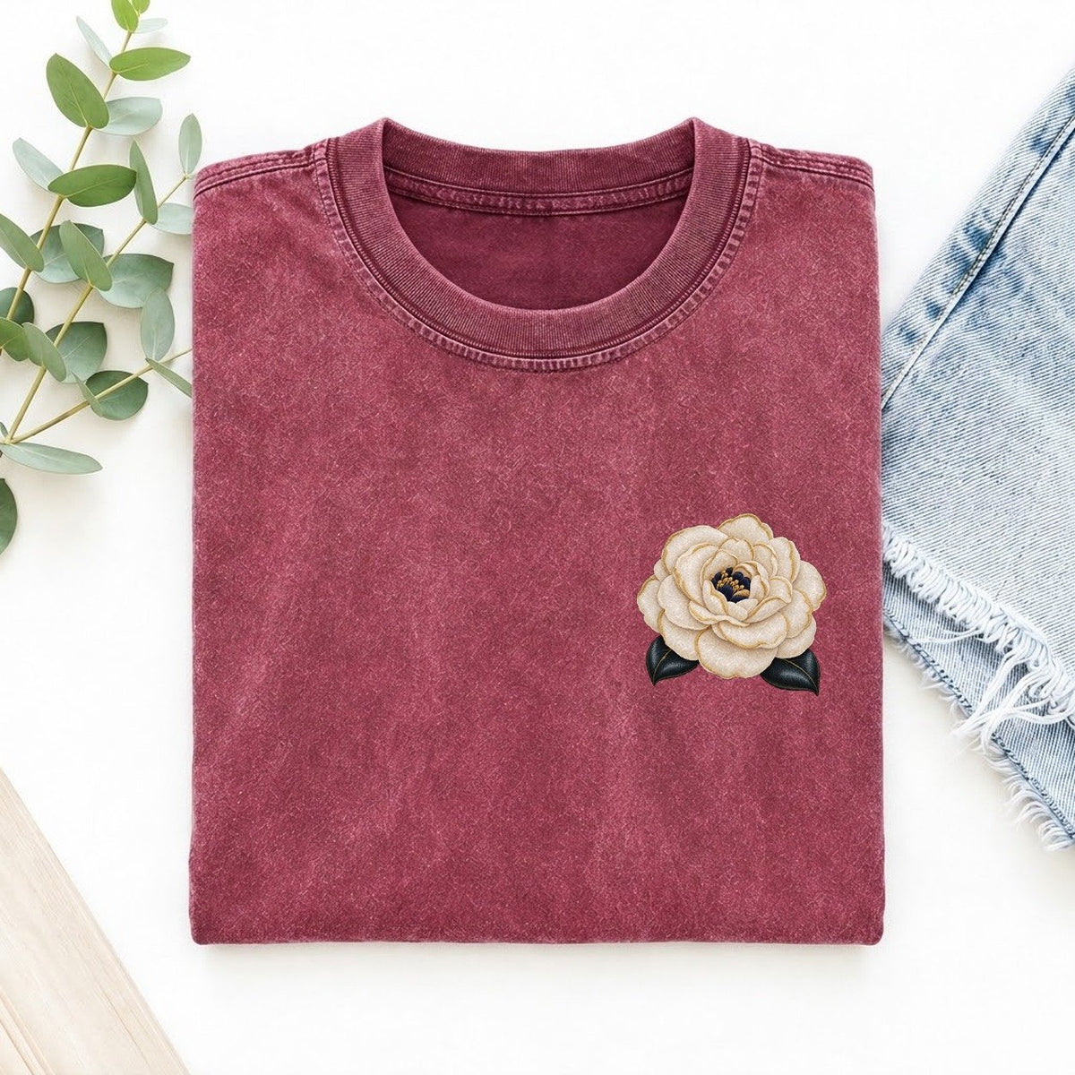 Camellia Double Bloom Left Chest Vintage T-shirt – Raspberry