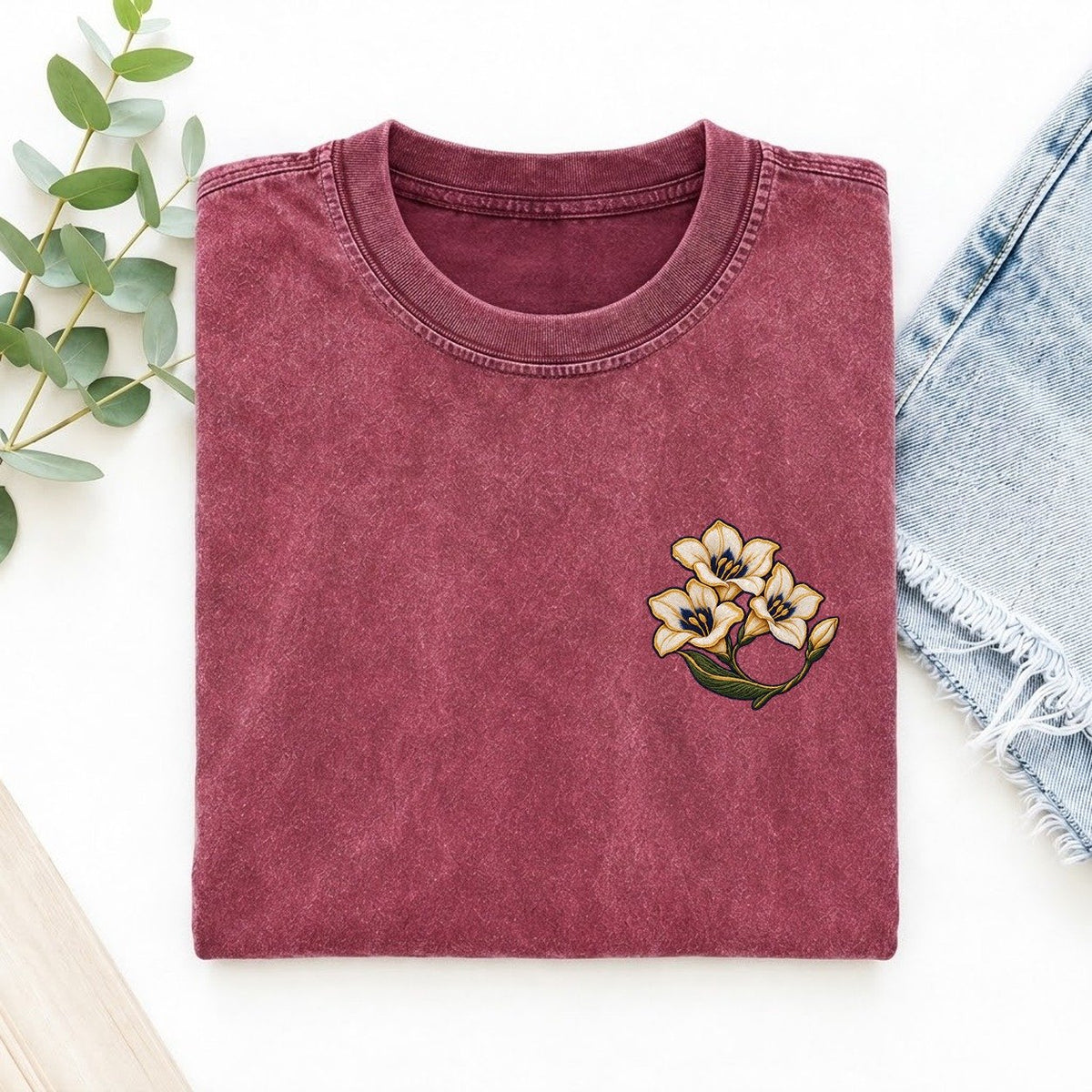 Freesia Stem Bend Left Chest Vintage T-shirt – Raspberry