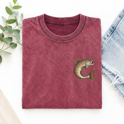 Brown Trout Upturn Keepsake Emblem Left Chest Vintage T-shirt – Raspberry
