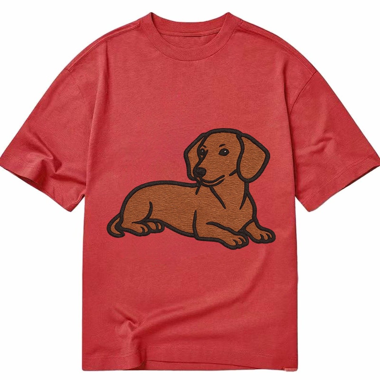 Dachshund Red Smooth Relaxed Lying Down With Head Up Embroid Classic T-shirt – Red
