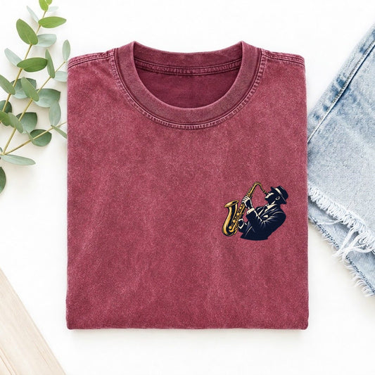 Jazz Saxophonist Left Chest Vintage T-shirt – Raspberry