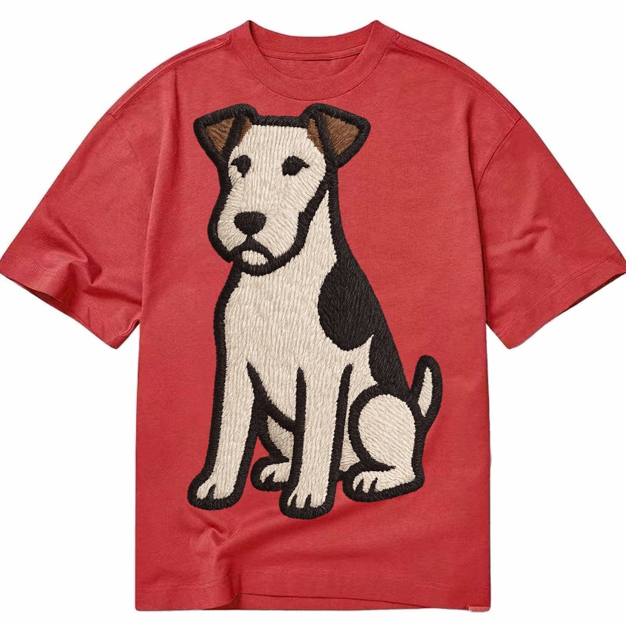Wire Fox Terrier White With Black Markings Embroidered Desig Classic T-shirt – Red