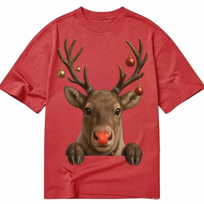 Christmas Reindeer Red Nose Glowing Antlers With Ornaments J Classic T-shirt – Red