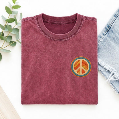 Retro Peace and Harmony Left Chest Vintage T-shirt – Raspberry