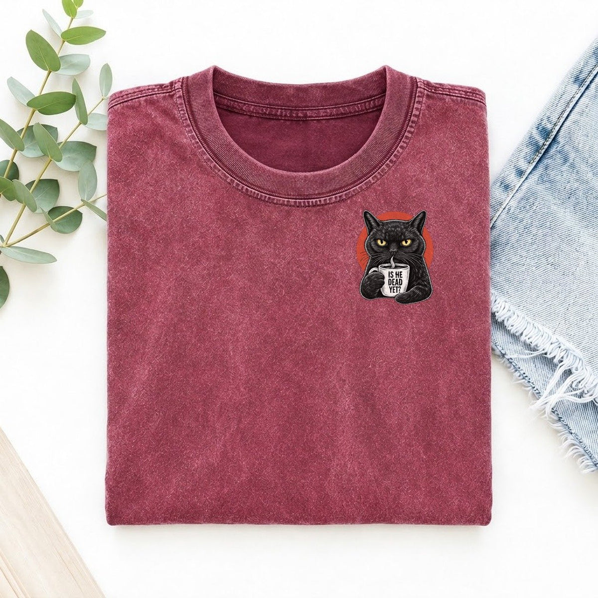 Is He Dead Yet Cat Left Chest Vintage T-shirt – Raspberry