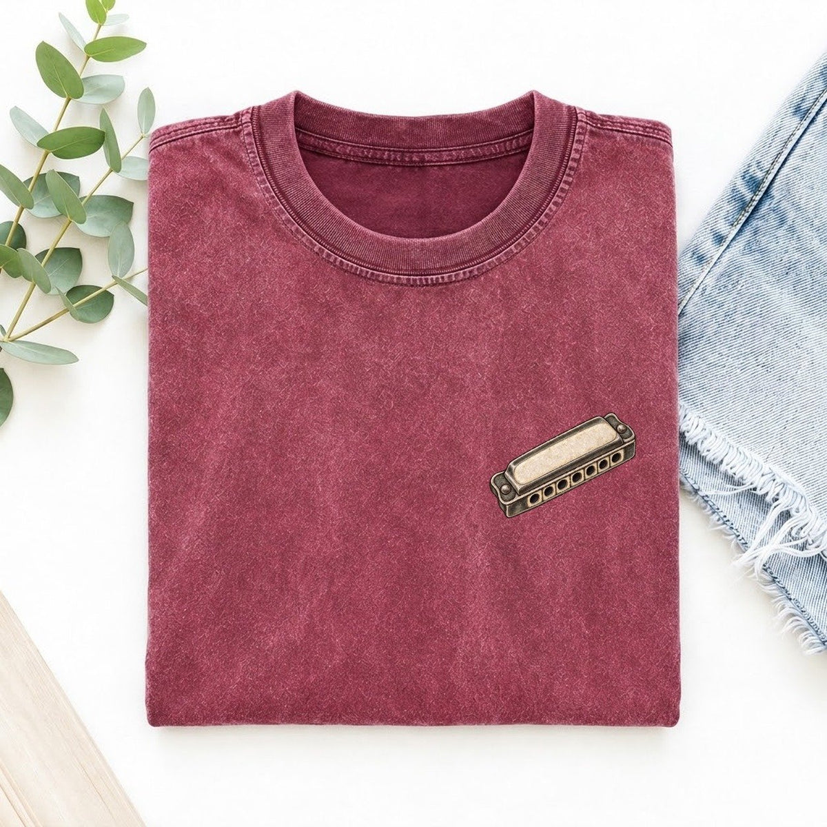 Harmonica Diagonal Keepsake Emblem Left Chest Vintage T-shirt – Raspberry