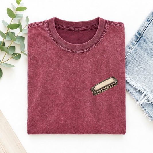 Harmonica Diagonal Keepsake Emblem Left Chest Vintage T-shirt – Raspberry
