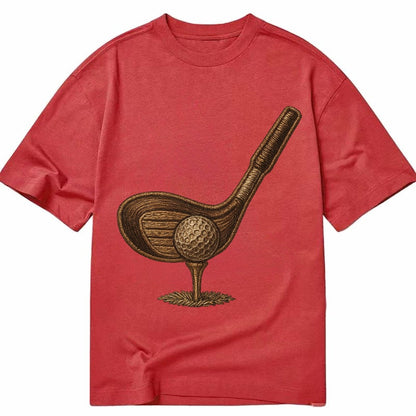 Golf Club And Ball Vintage Wood Driver With Dimpled Ball On Classic T-shirt – Red