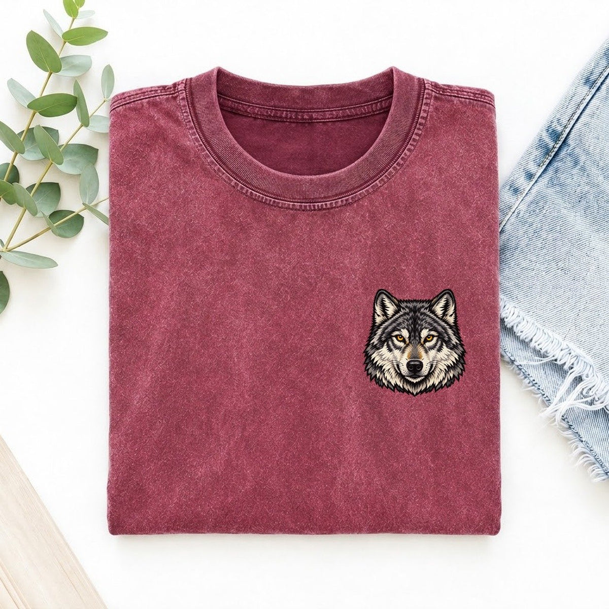 Golden Eyed Wolf Left Chest Vintage T-shirt – Raspberry