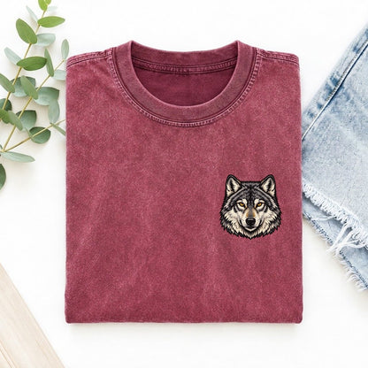 Golden Eyed Wolf Left Chest Vintage T-shirt – Raspberry