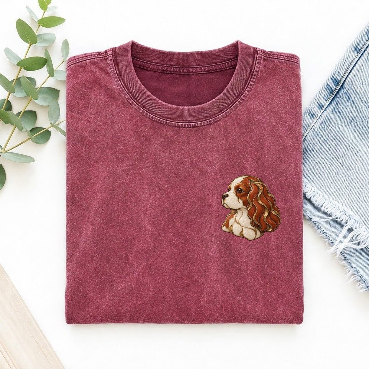 Cavalier Ribbon Ear Keepsake Emblem Left Chest Vintage T-shirt – Raspberry
