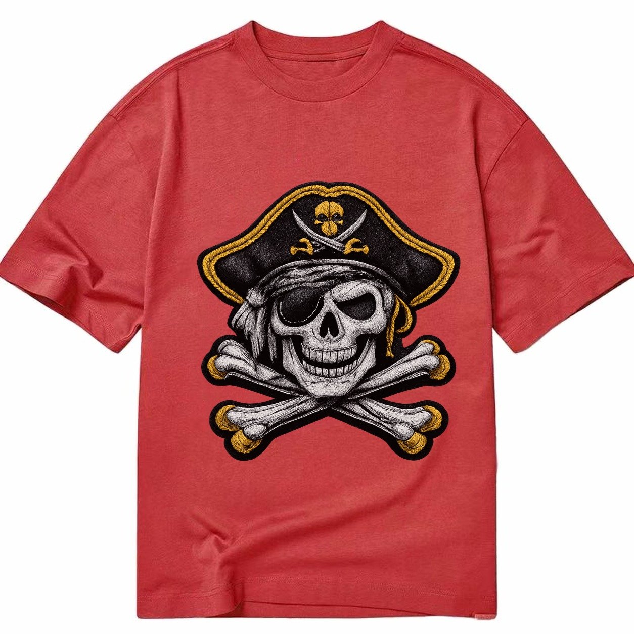 Embroidered Patch Design Pirate Skull Jolly Roger Skull In B Classic T-shirt – Red