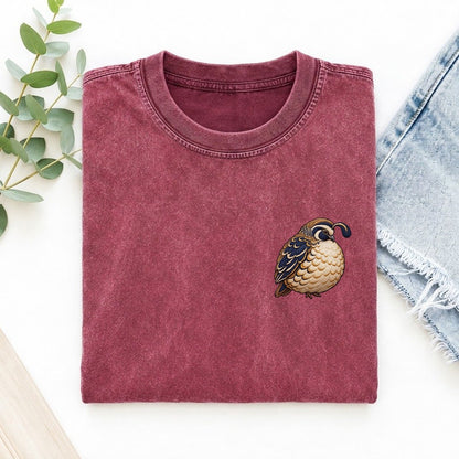 Quail Topknot Turn Left Chest Vintage T-shirt – Raspberry