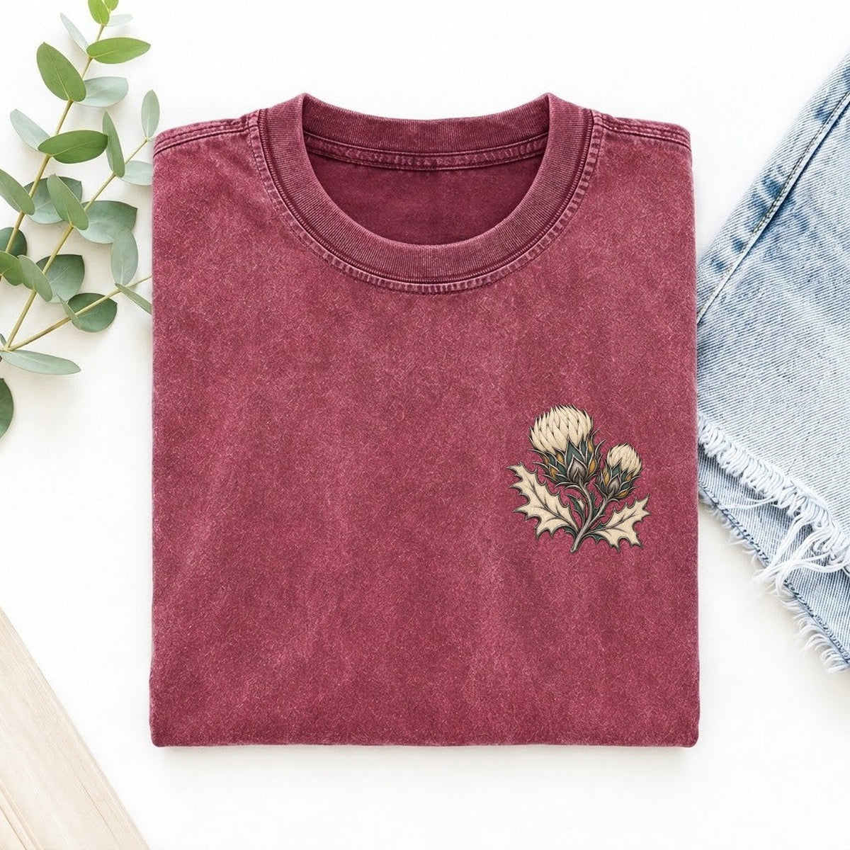 Thistle Bud Pair Keepsake Emblem Left Chest Vintage T-shirt – Raspberry