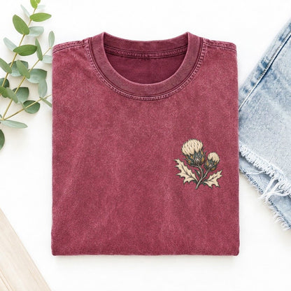 Thistle Bud Pair Keepsake Emblem Left Chest Vintage T-shirt – Raspberry