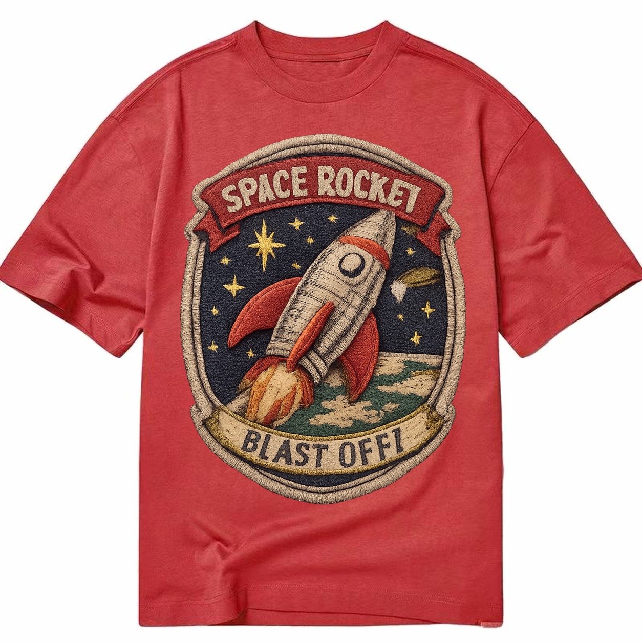 Embroidered Patch Design Retro Rocket 1950s Space Rocket In Classic T-shirt – Red