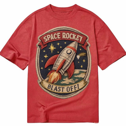 Embroidered Patch Design Retro Rocket 1950s Space Rocket In Classic T-shirt – Red