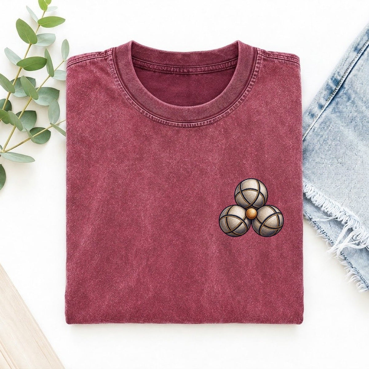 Petanque Three Boules Left Chest Vintage T-shirt – Raspberry
