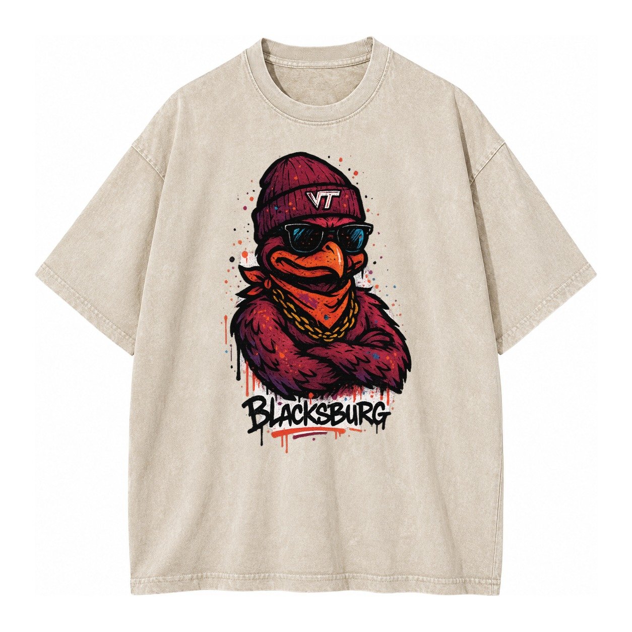 Blacksburg Hokiebird Wearing Virginia Tech Beanie With Vt Pa Vintage T-shirt – Off White