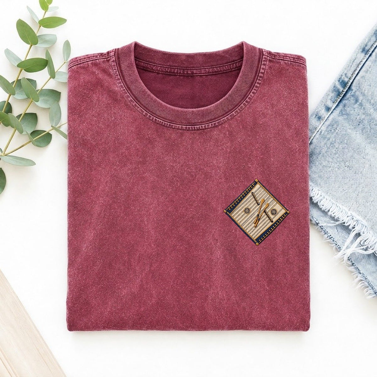 Dulcimer Hammer Pair Left Chest Vintage T-shirt – Raspberry
