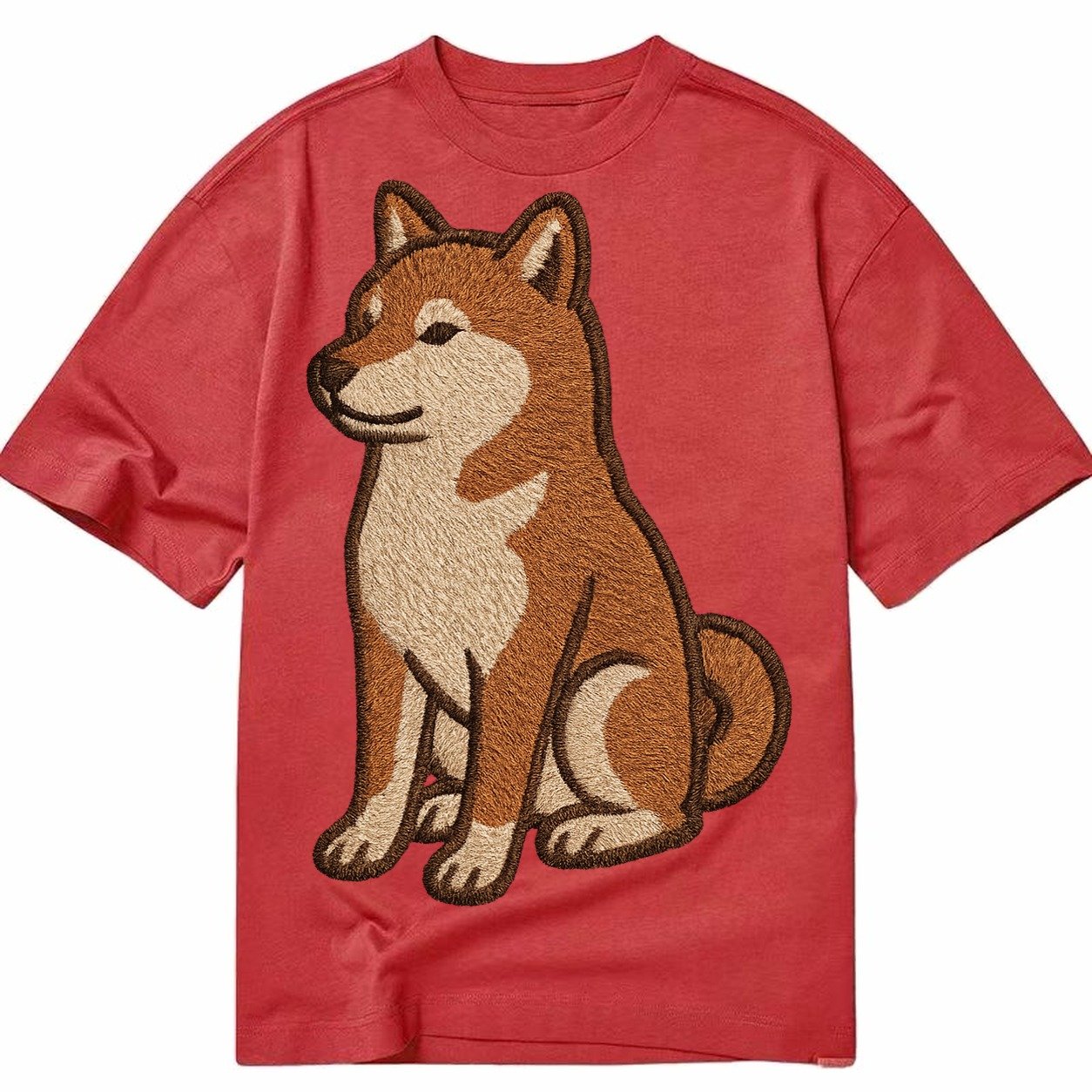 Shiba Inu Red Sesame Embroidered Sitting Pose Classic T-shirt – Red