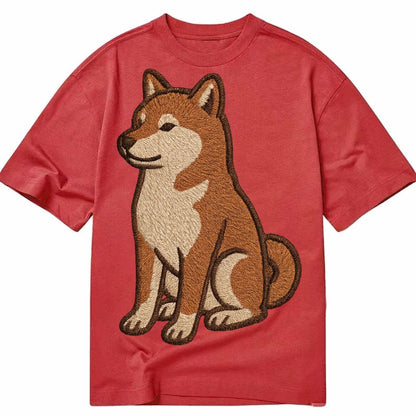 Shiba Inu Red Sesame Embroidered Sitting Pose Classic T-shirt – Red