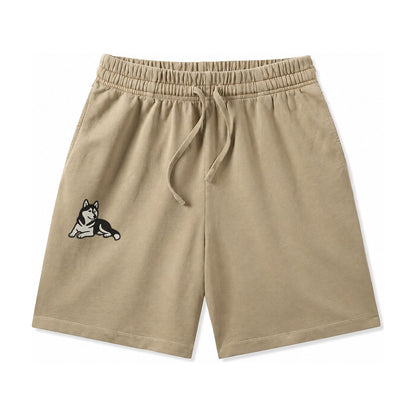 Siberian Husky Black And White Relaxed Lying Down With Head Washed Shorts – Khaki