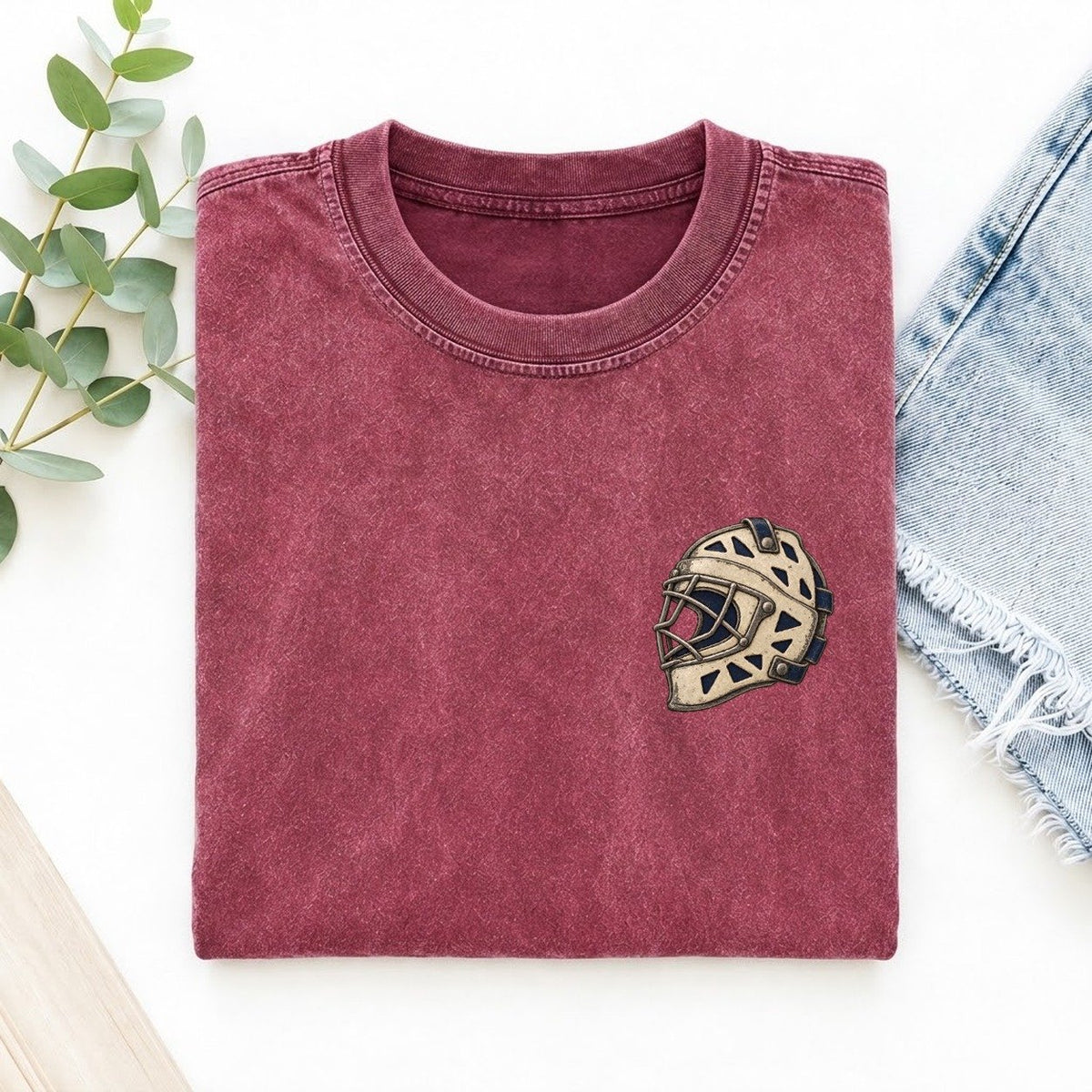 Goalie Mask Side Profile Keepsake Emblem Left Chest Vintage T-shirt – Raspberry