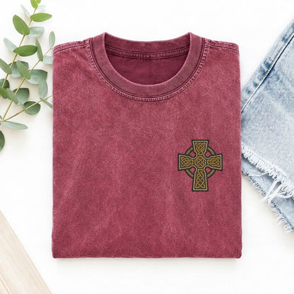 Celtic Cross Left Chest Vintage T-shirt – Raspberry