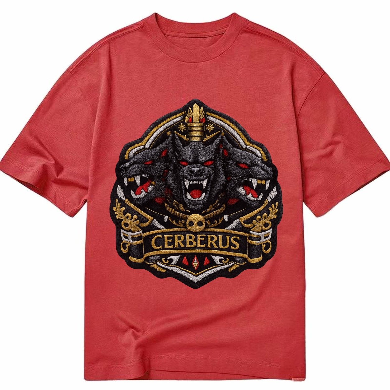 Embroidered Patch Design Cerberus Three Heads Triple Hound I Classic T-shirt – Red